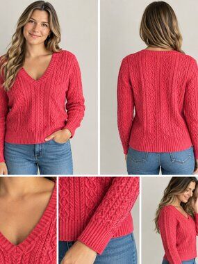 TOMMY Hilfiger Size Large Pink Y2K Cable Knit V-Neck Sweater